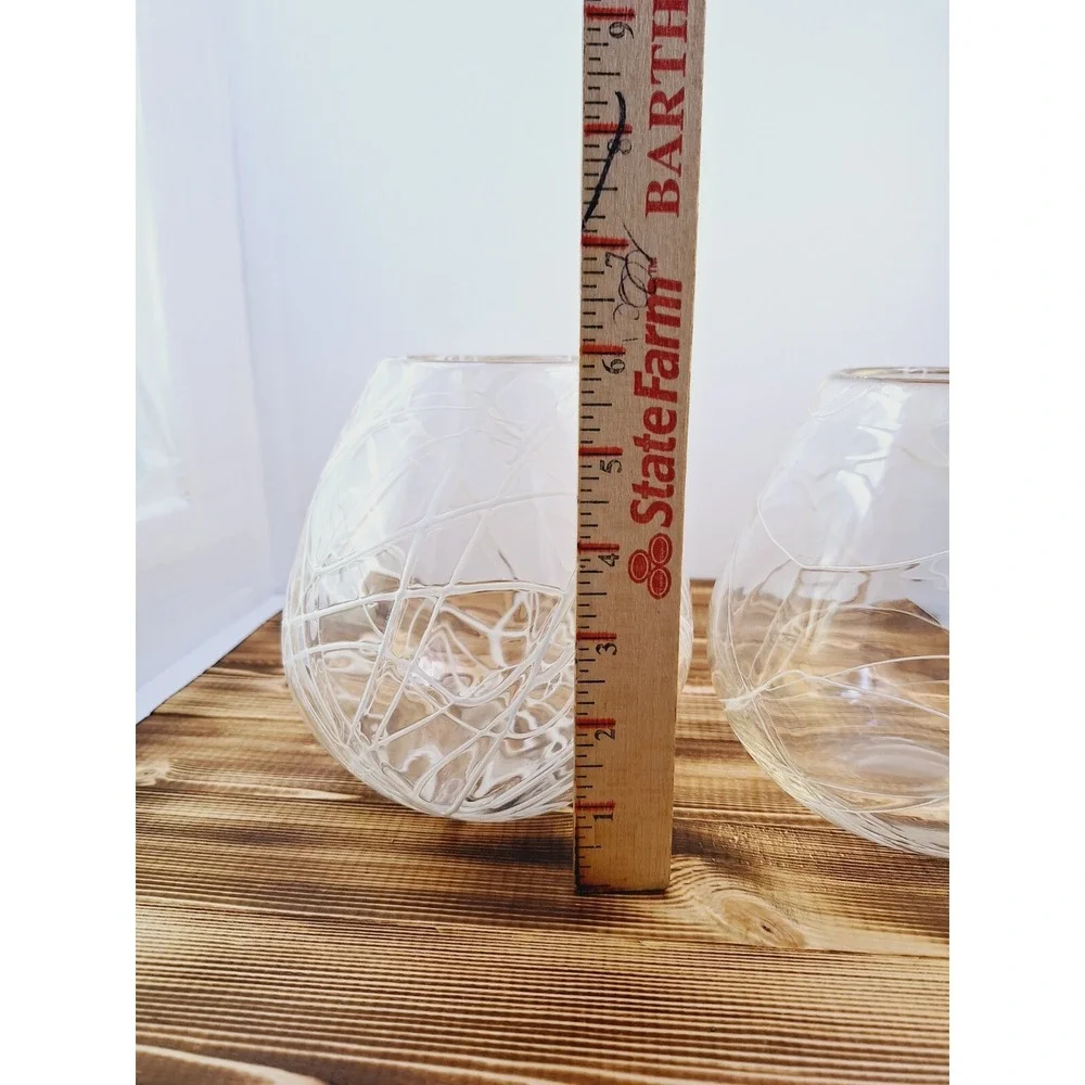 Set of 2 Lg‎ Hand Blown Glass White Spaghetti Drizzle Votive Candle Holder 6